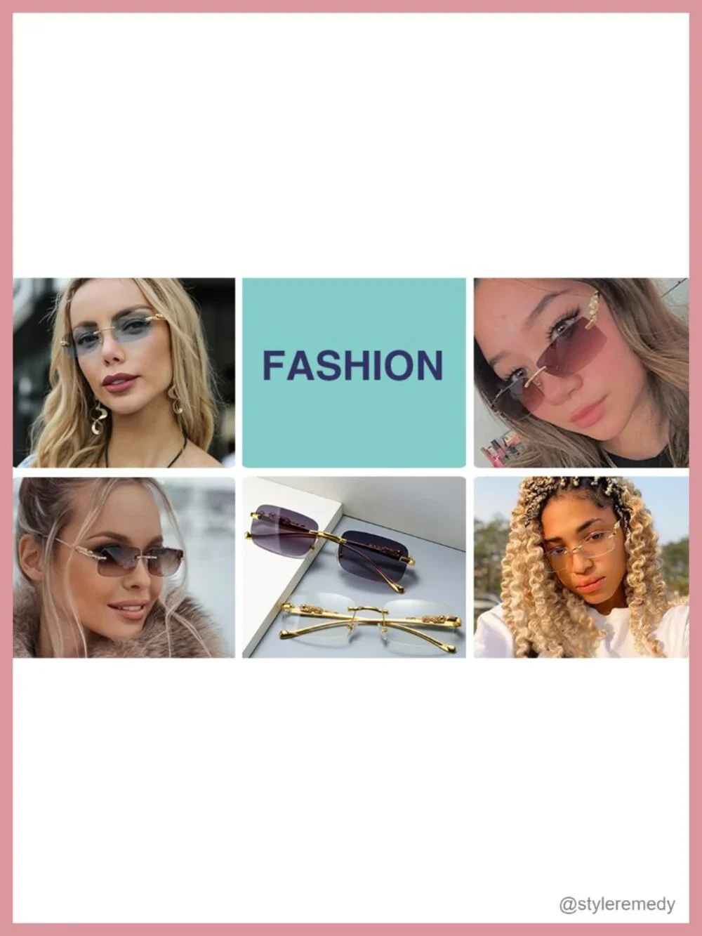 Vintage Rimless Rectangle Sunglasses Gold Metal Frameless Square Transparent